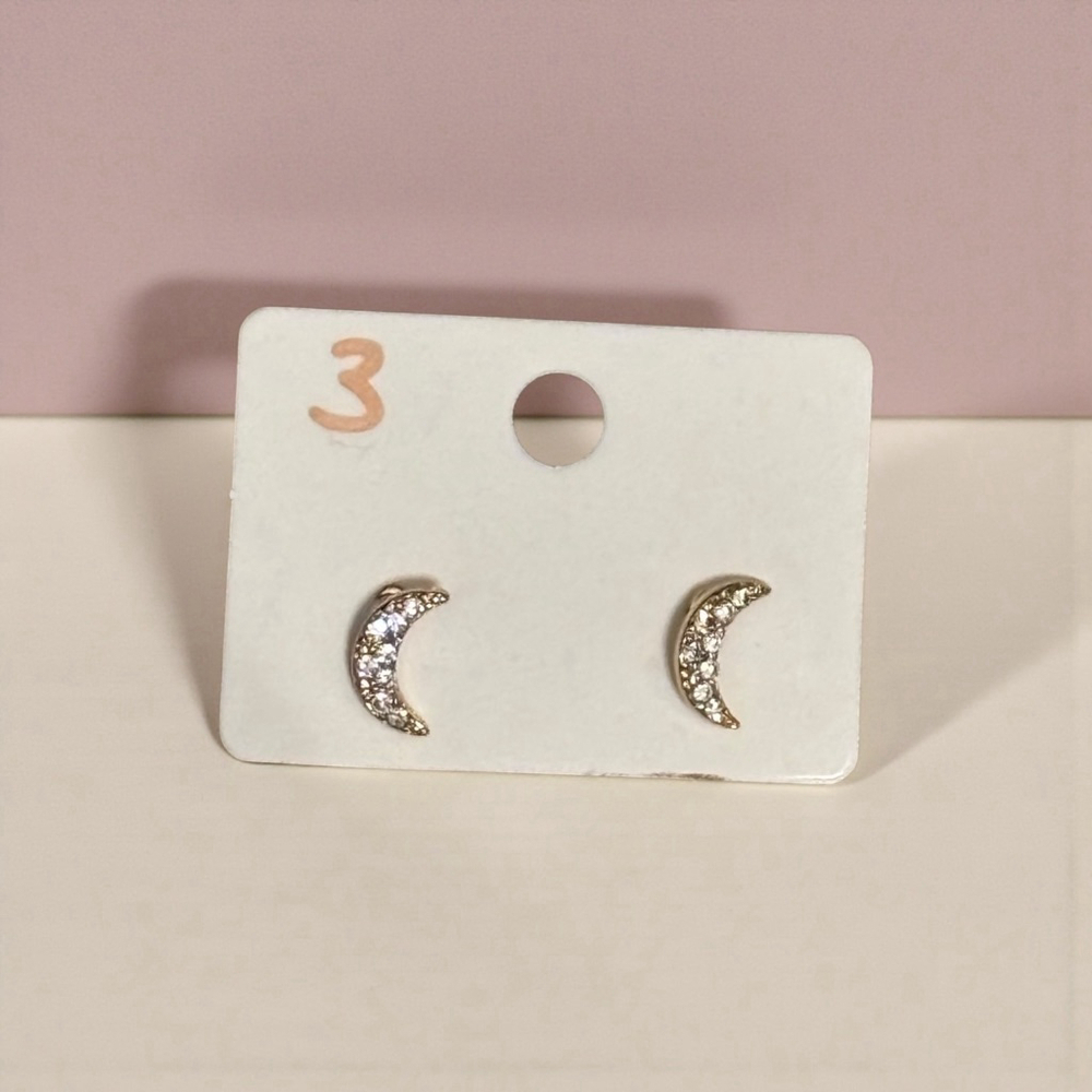 Gold Clear Crescent Moon Stud Earrings NWOT